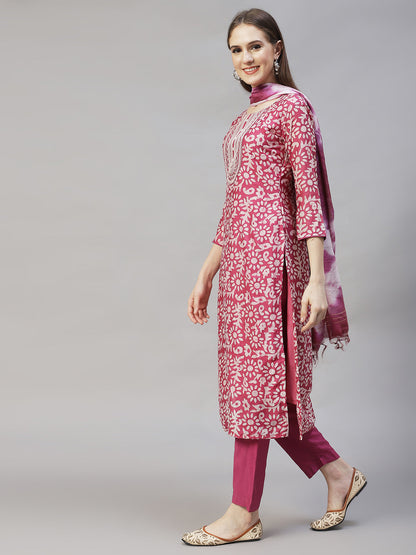 Ethnic Printed & Embroidered Kurta With Pants & Dupatta – Purple