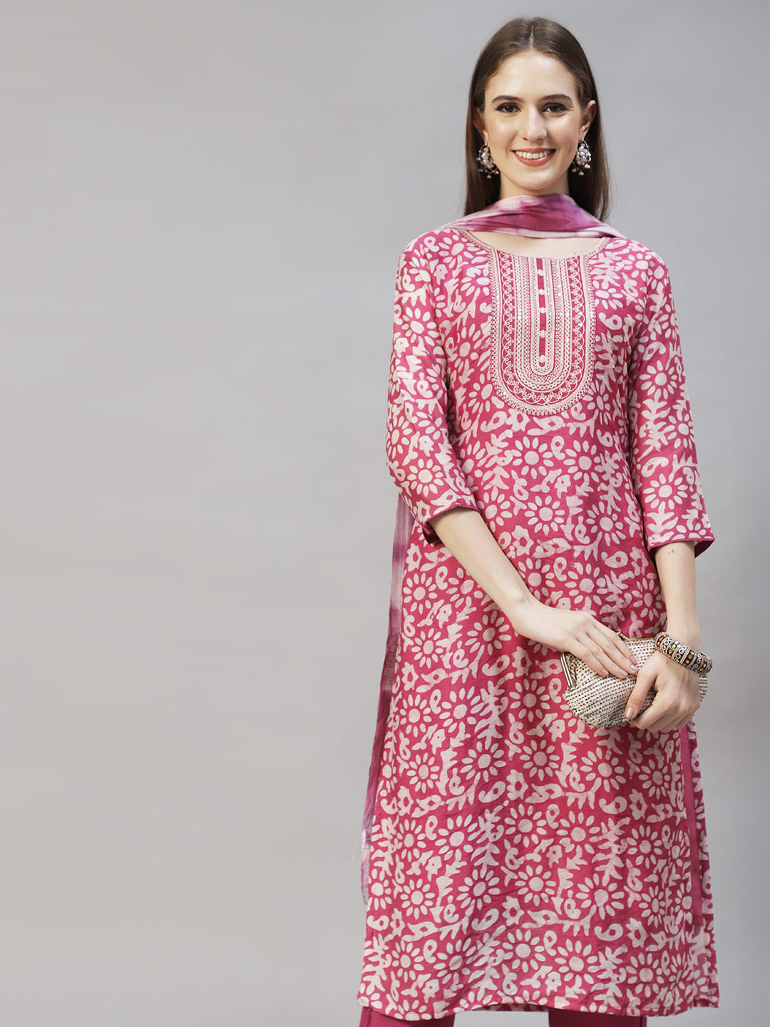 Ethnic Printed & Embroidered Kurta With Pants & Dupatta – Purple