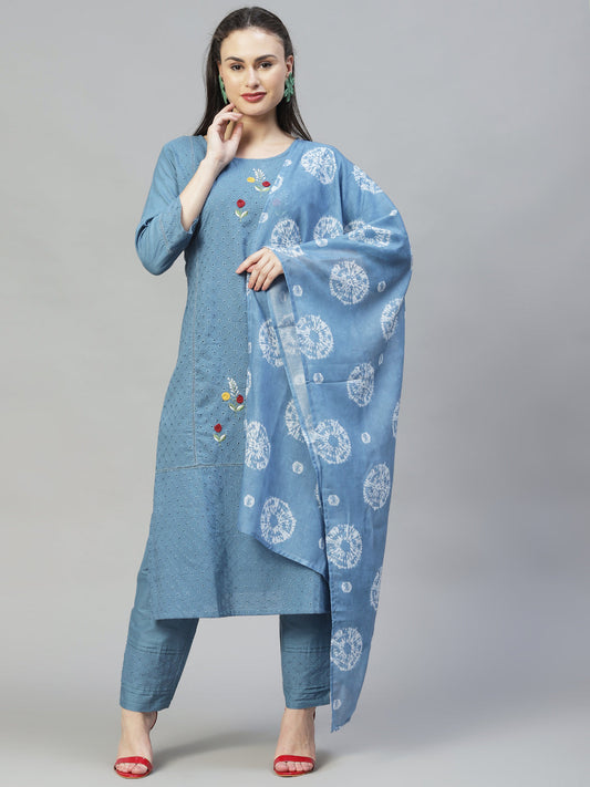 Ethnic Embroidered Straight Kurta with Pants & Dupatta - Blue