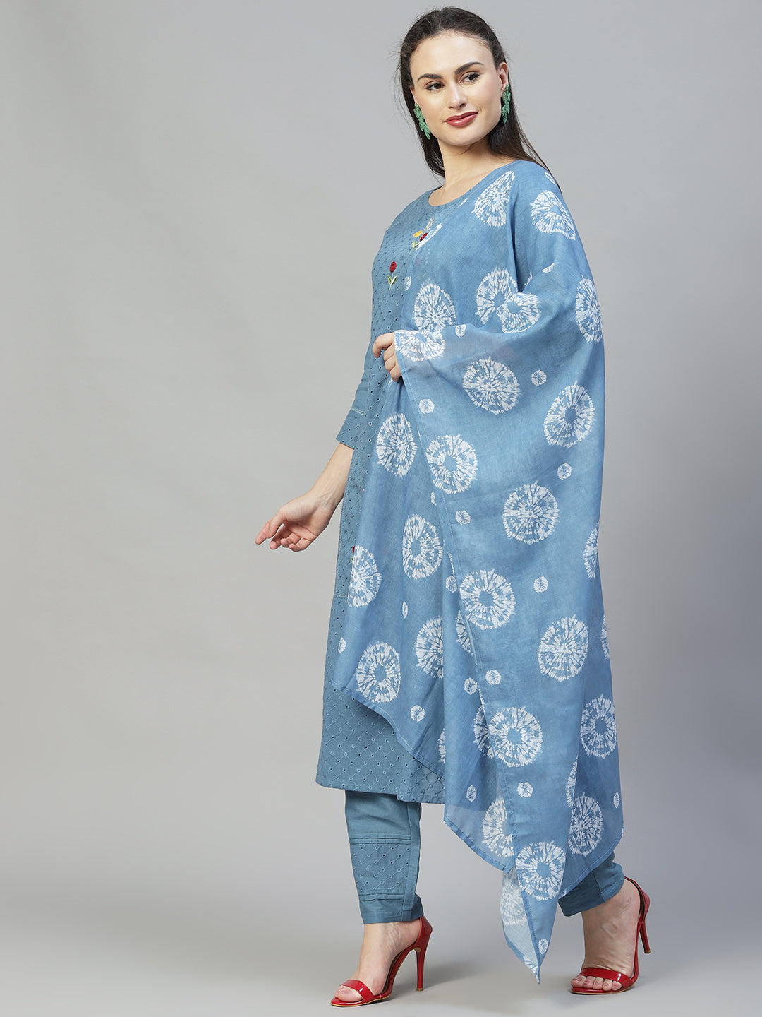 Ethnic Embroidered Straight Kurta with Pants & Dupatta - Blue