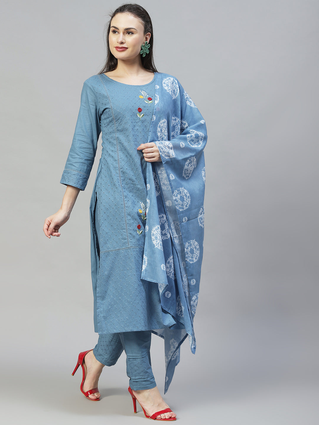 Ethnic Embroidered Straight Kurta with Pants & Dupatta - Blue