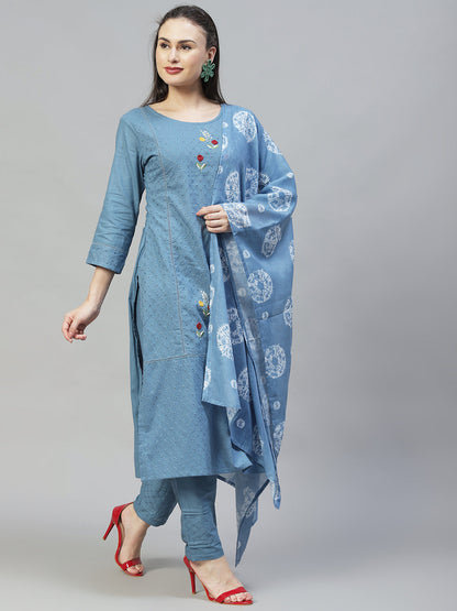 Ethnic Embroidered Straight Kurta with Pants & Dupatta - Blue