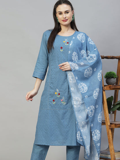 Ethnic Embroidered Straight Kurta with Pants & Dupatta - Blue