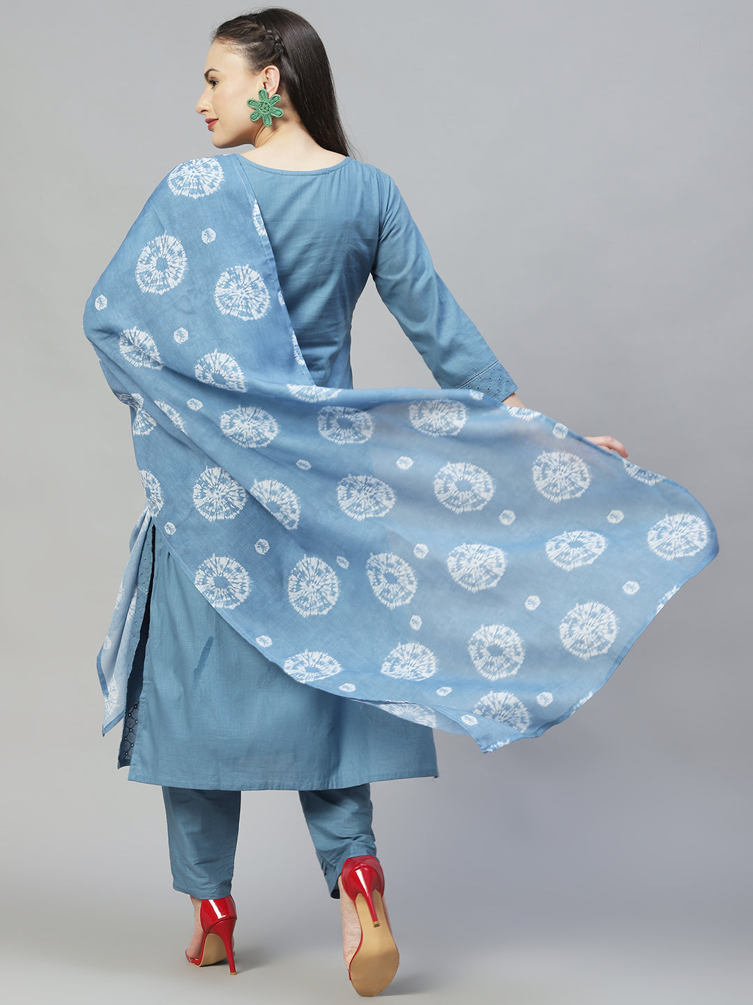 Ethnic Embroidered Straight Kurta with Pants & Dupatta - Blue