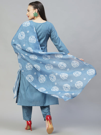 Ethnic Embroidered Straight Kurta with Pants & Dupatta - Blue