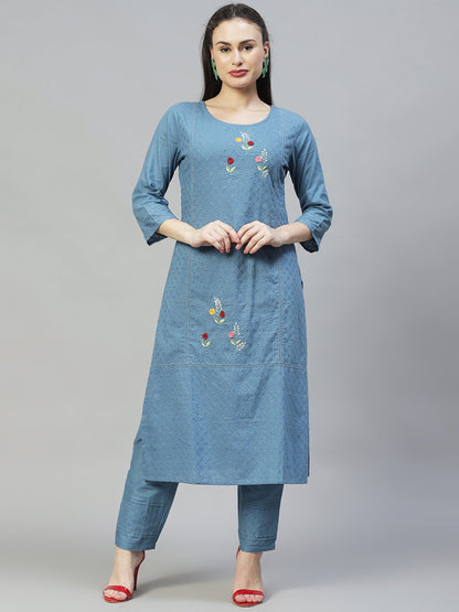 Ethnic Embroidered Straight Kurta with Pants & Dupatta - Blue