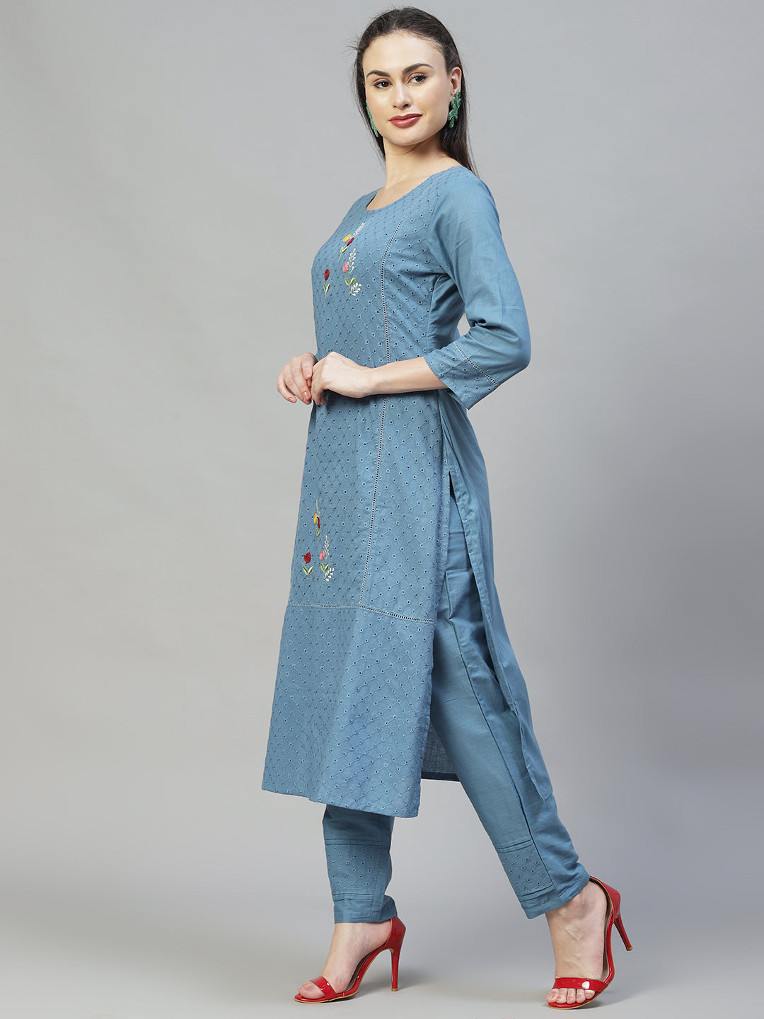 Ethnic Embroidered Straight Kurta with Pants & Dupatta - Blue