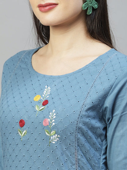 Ethnic Embroidered Straight Kurta with Pants & Dupatta - Blue