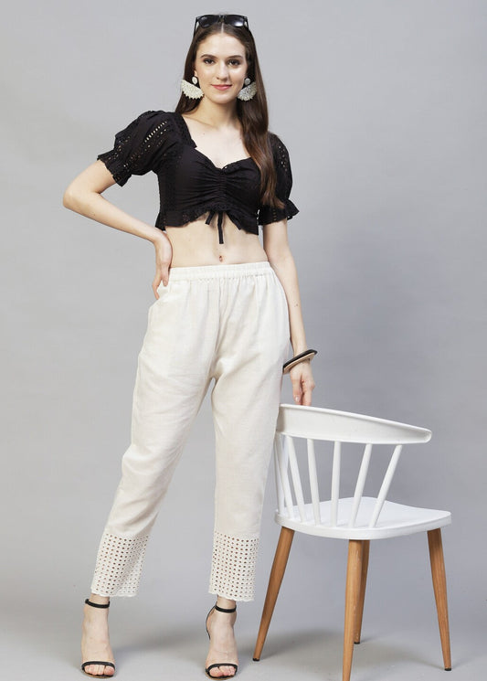 Solid Ethnic Embroidered Straight Fit Pant - Off White