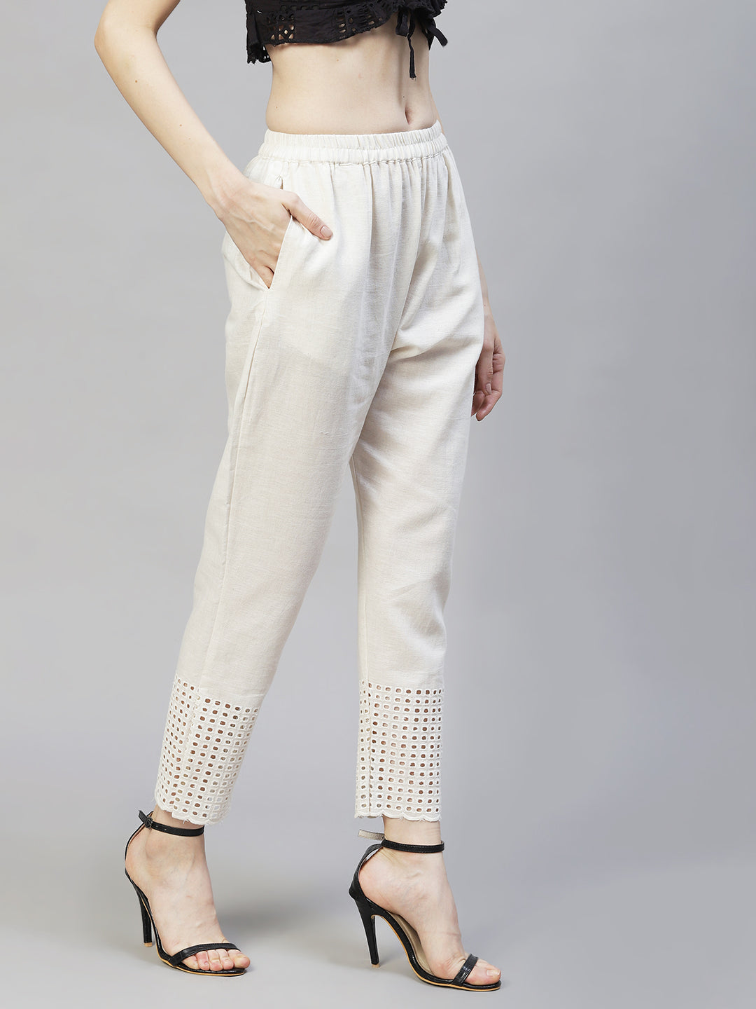 Solid Ethnic Embroidered Straight Fit Pant - Off White