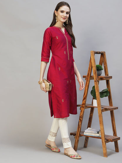 Ethnic Embroidered Straight Fit Kurta - Magenta Pink