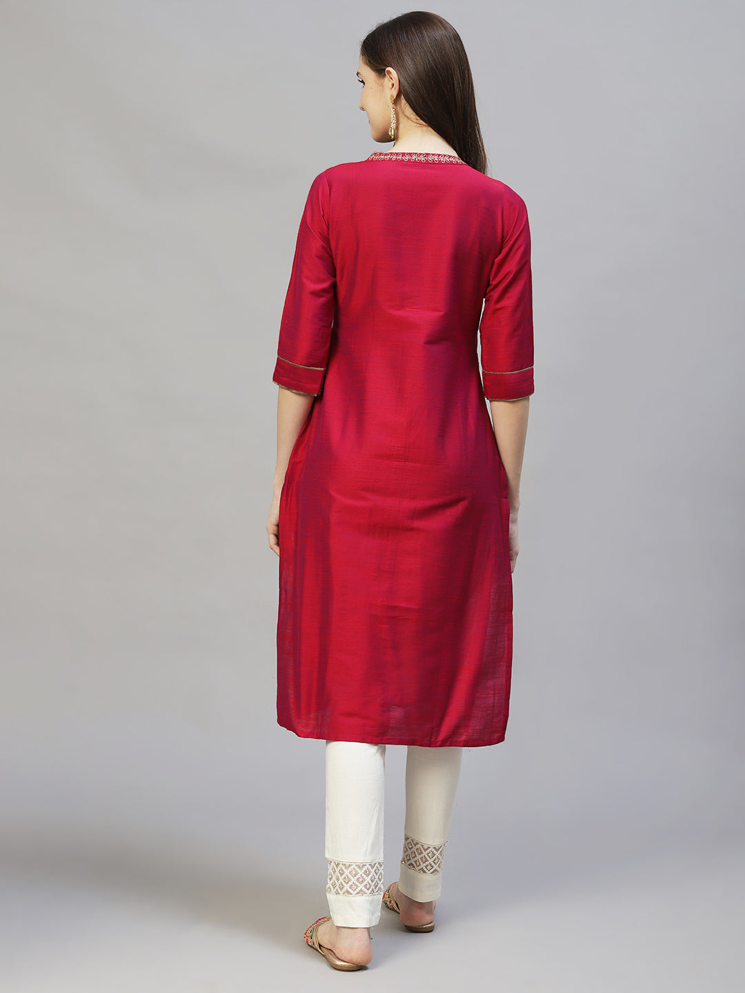 Ethnic Embroidered Straight Fit Kurta - Magenta Pink