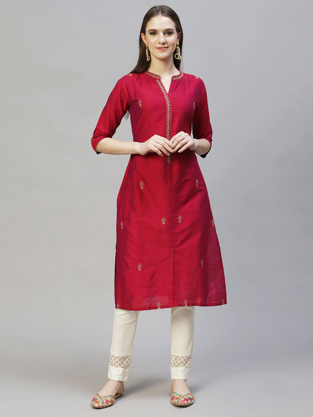 Ethnic Embroidered Straight Fit Kurta - Magenta Pink