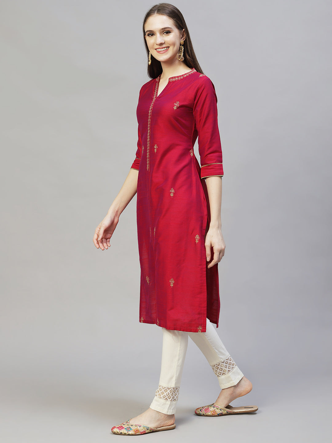 Ethnic Embroidered Straight Fit Kurta - Magenta Pink