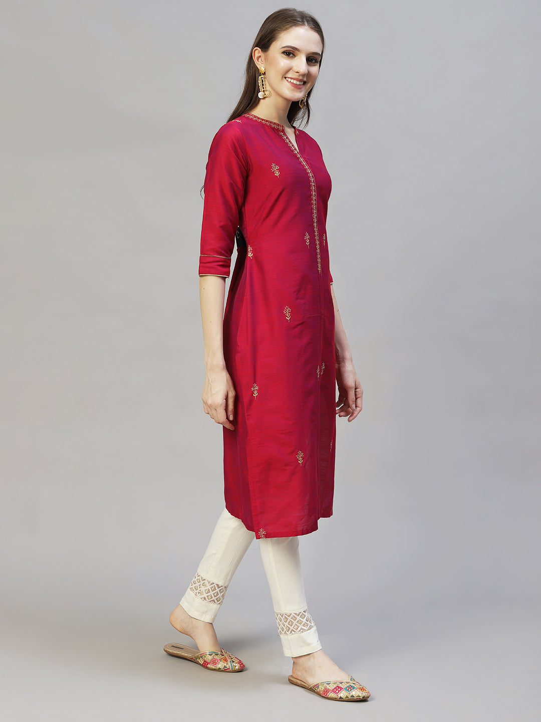 Ethnic Embroidered Straight Fit Kurta - Magenta Pink