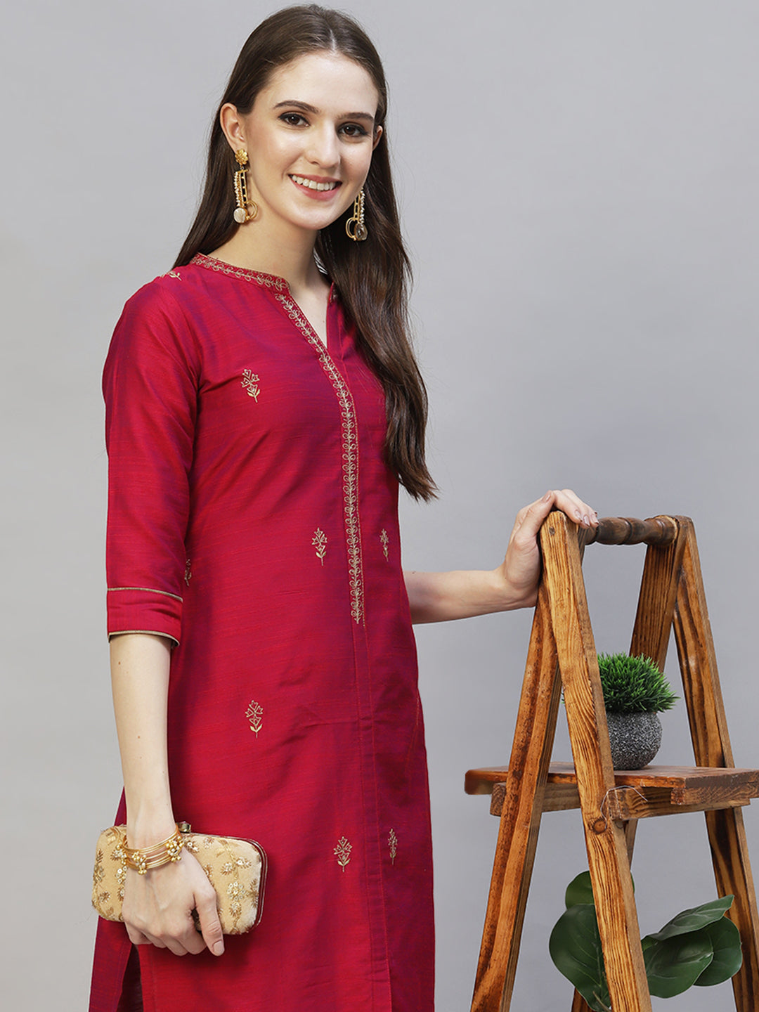 Ethnic Embroidered Straight Fit Kurta - Magenta Pink