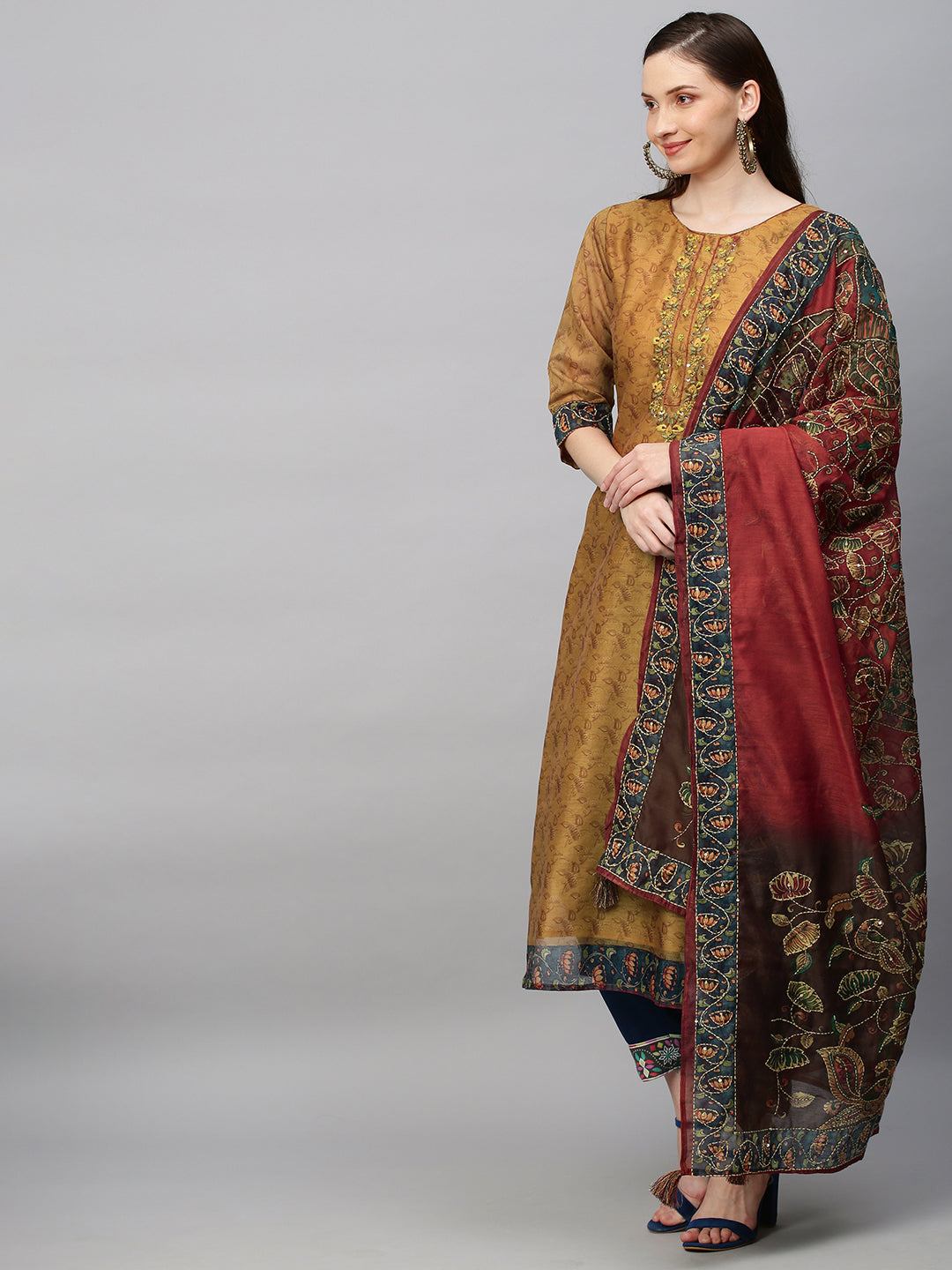 Ethnic Printed & Hand Embroidered Straight Kurta With Dupatta - Mustard