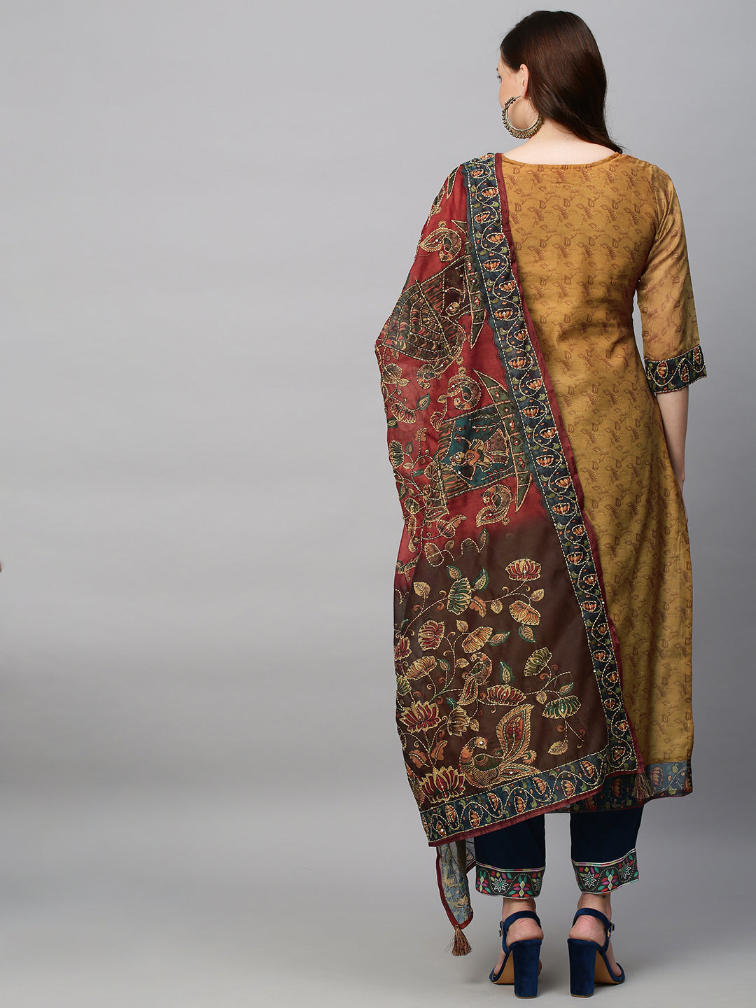 Ethnic Printed & Hand Embroidered Straight Kurta With Dupatta - Mustard