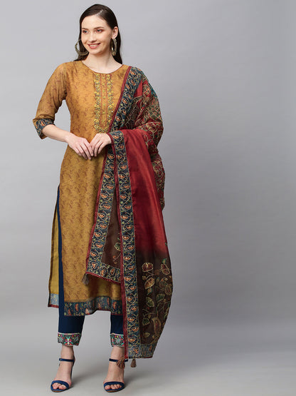 Ethnic Printed & Hand Embroidered Straight Kurta With Dupatta - Mustard