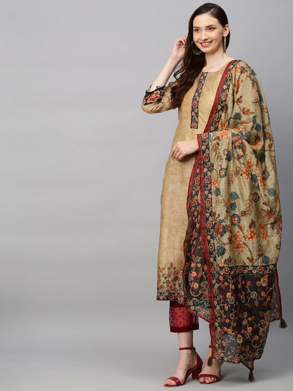 Ethnic Printed & Hand Embroidered Straight Kurta with Dupatta - Khaki