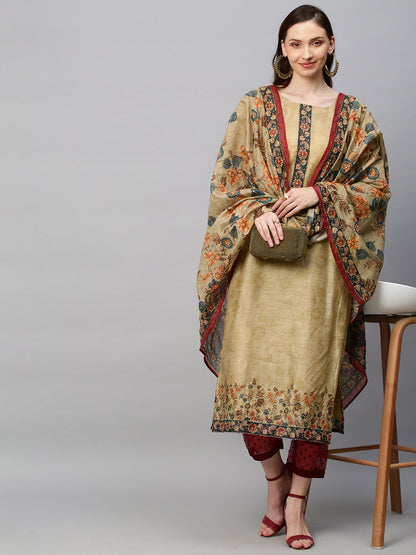 Ethnic Printed & Hand Embroidered Straight Kurta with Dupatta - Khaki