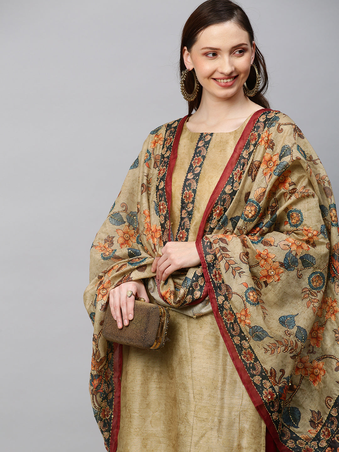 Ethnic Printed & Hand Embroidered Straight Kurta with Dupatta - Khaki