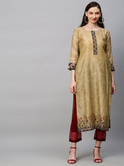 Ethnic Printed & Hand Embroidered Straight Kurta with Dupatta - Khaki