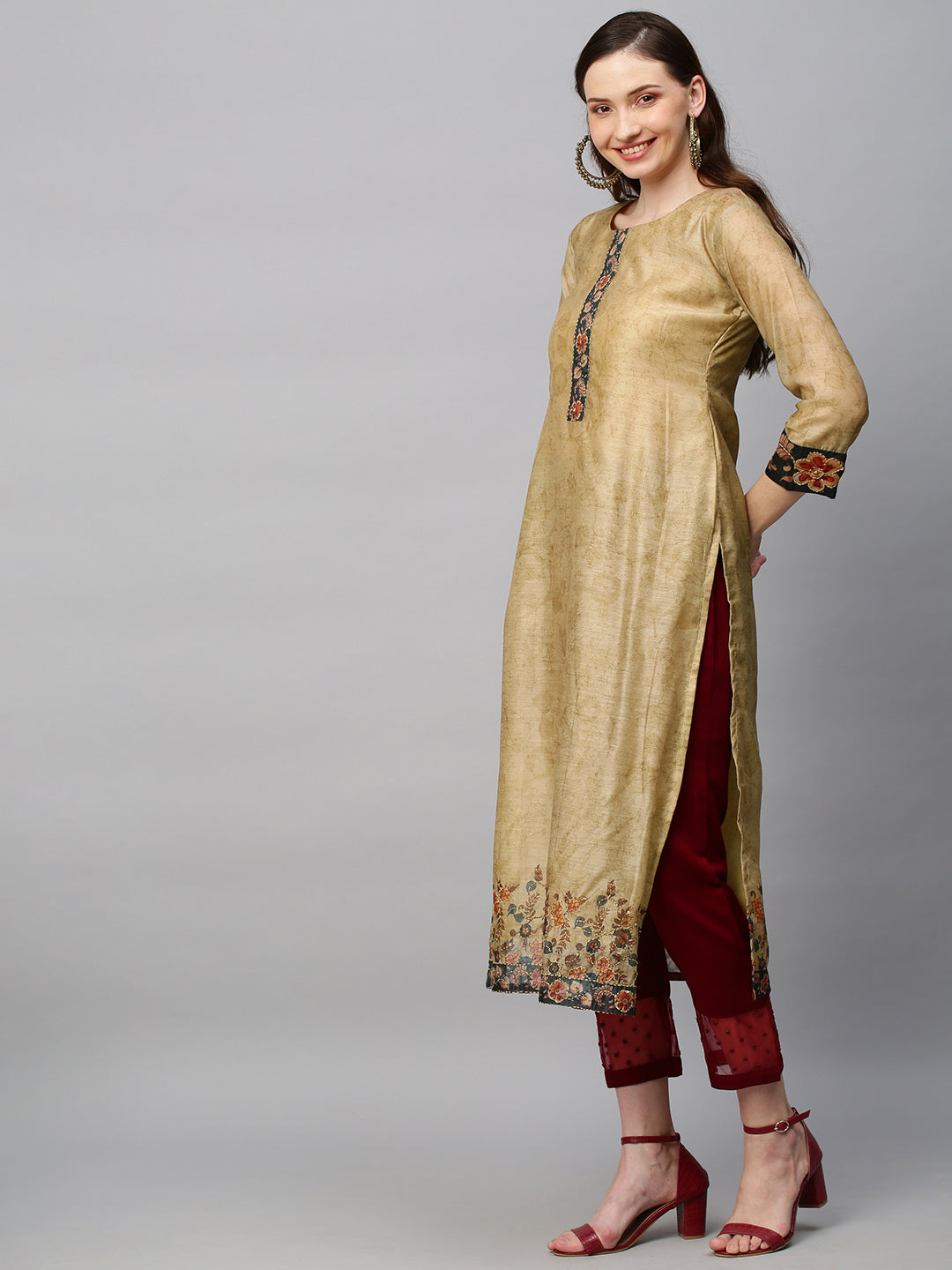 Ethnic Printed & Hand Embroidered Straight Kurta with Dupatta - Khaki