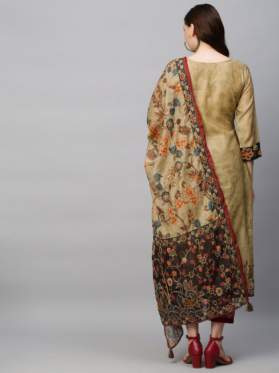 Ethnic Printed & Hand Embroidered Straight Kurta with Dupatta - Khaki