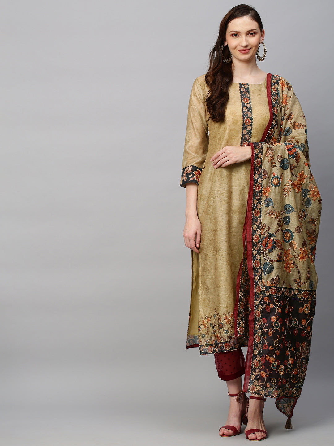 Ethnic Printed & Hand Embroidered Straight Kurta with Dupatta - Khaki