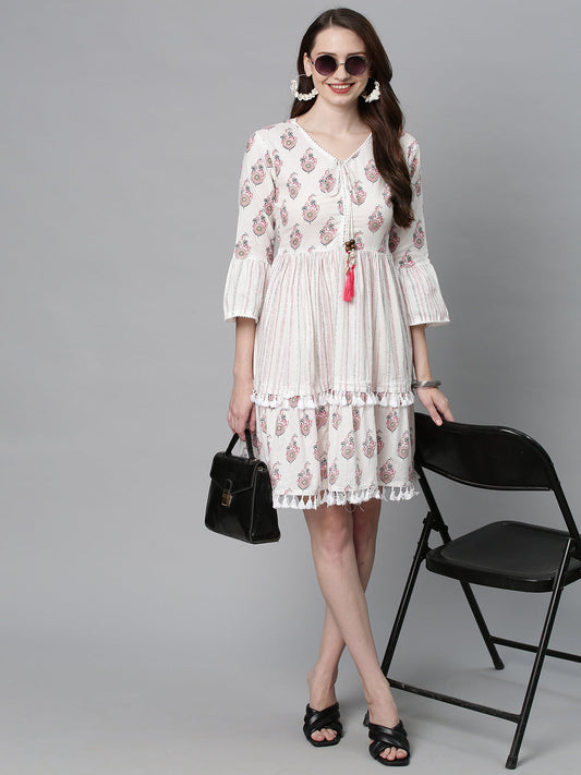 Ethnic Printed Tiered Flared Midi Dress - Off White/Red