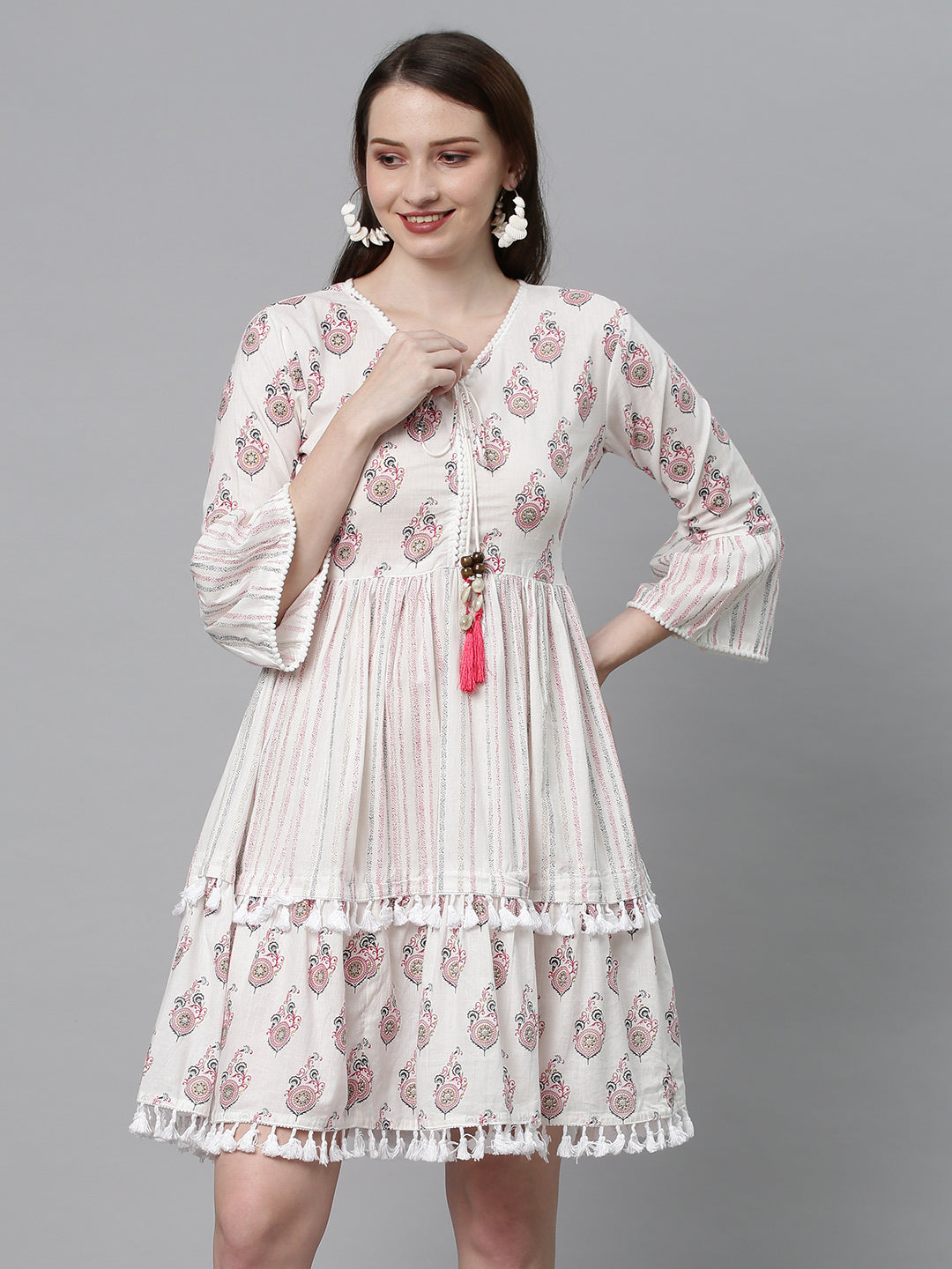 Ethnic Printed Tiered Flared Midi Dress - Off White/Red