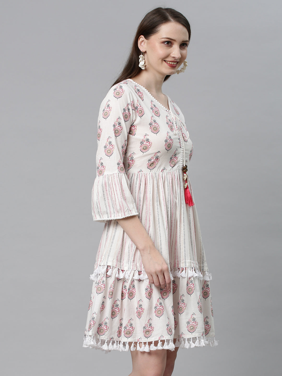 Ethnic Printed Tiered Flared Midi Dress - Off White/Red