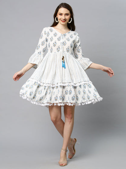 Ethnic Printed Tiered Flared Midi Dress - Off White