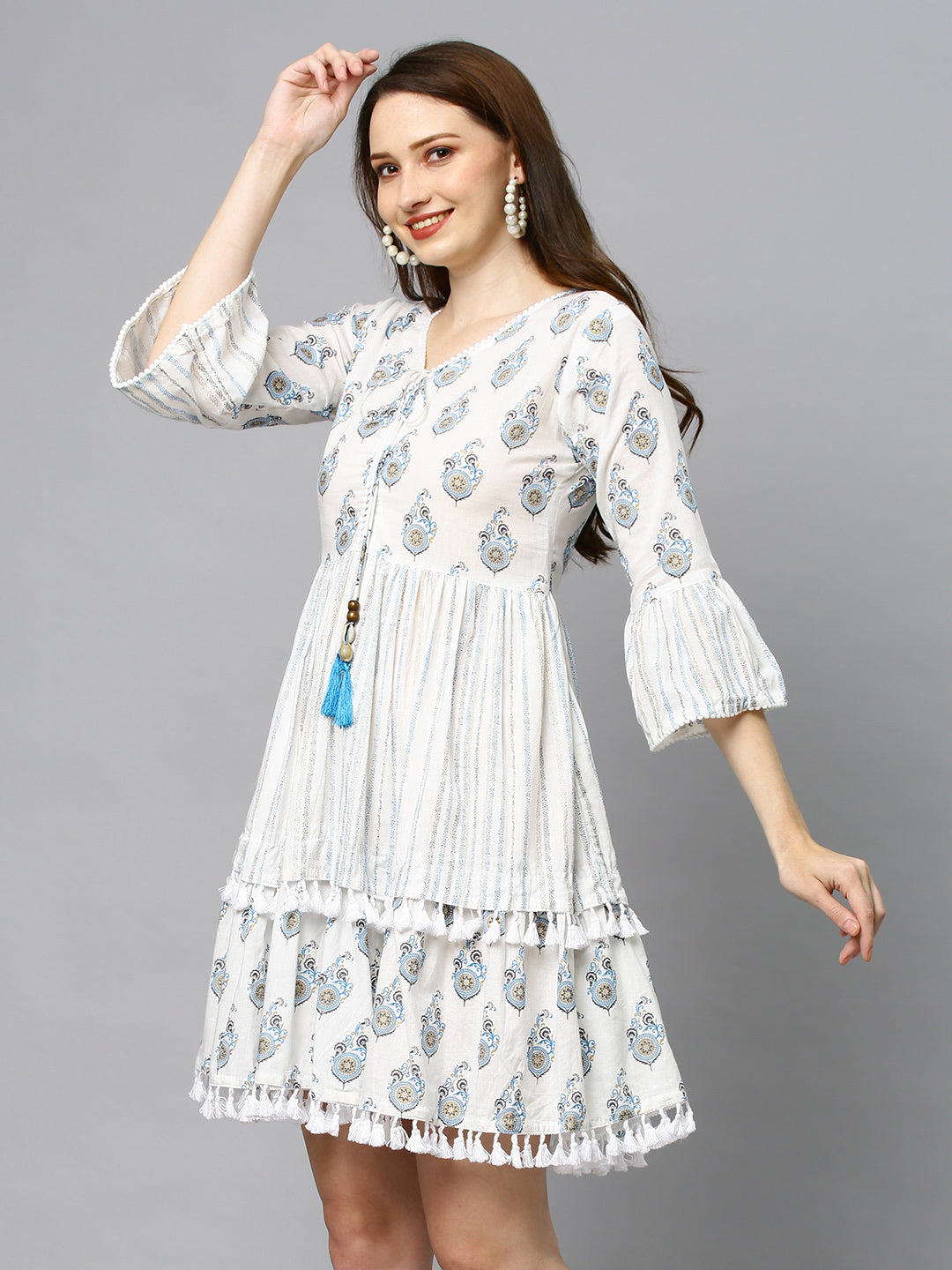 Ethnic Printed Tiered Flared Midi Dress - Off White