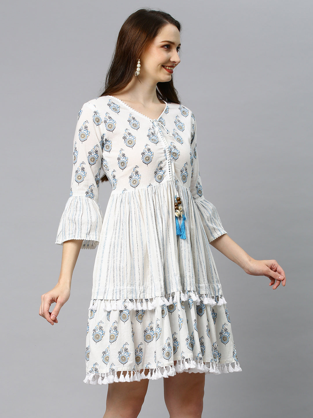 Ethnic Printed Tiered Flared Midi Dress - Off White