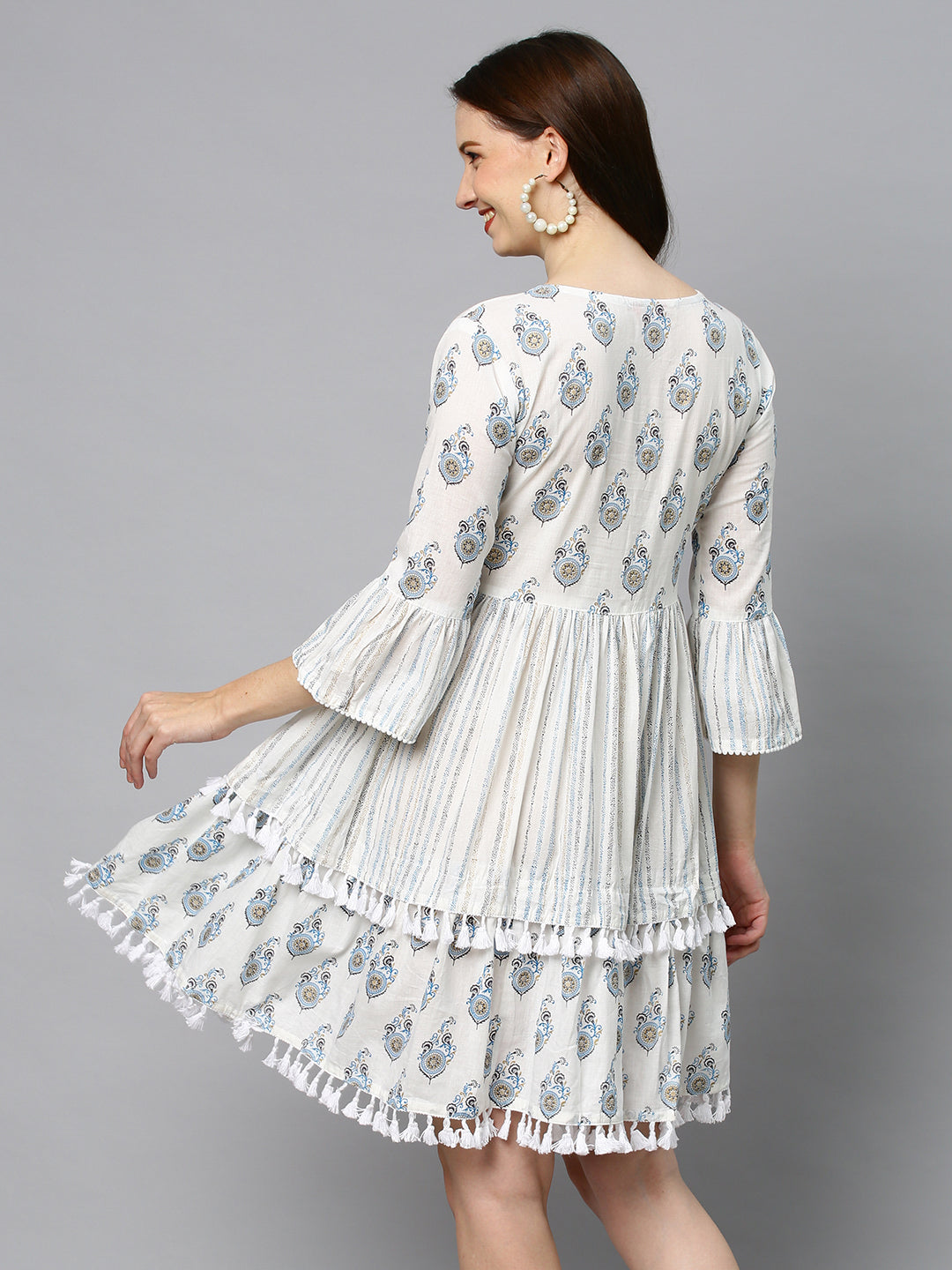 Ethnic Printed Tiered Flared Midi Dress - Off White