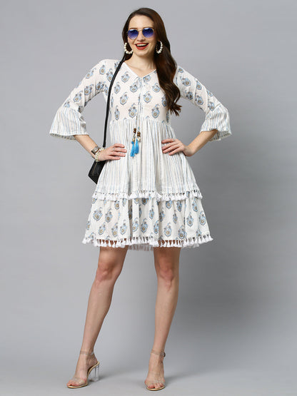 Ethnic Printed Tiered Flared Midi Dress - Off White