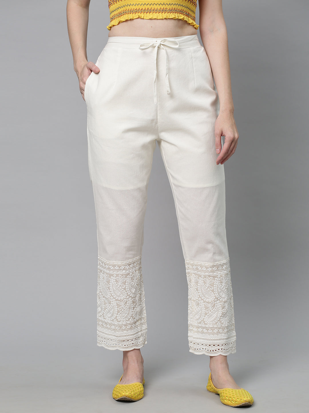 Solid Chikankari Embroidered Straight Fit Pant - Off White