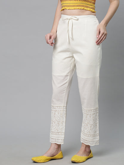 Solid Chikankari Embroidered Straight Fit Pant - Off White