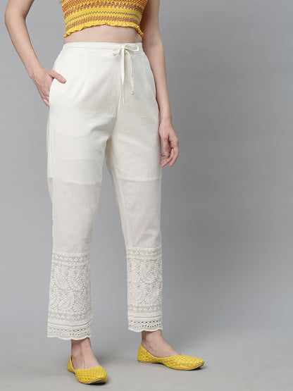 Solid Chikankari Embroidered Straight Fit Pant - Off White