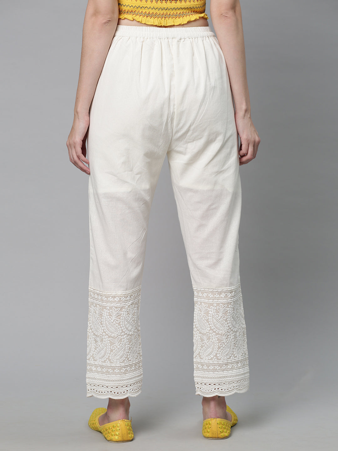 Solid Chikankari Embroidered Straight Fit Pant - Off White