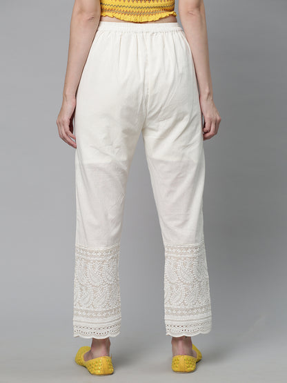 Solid Chikankari Embroidered Straight Fit Pant - Off White