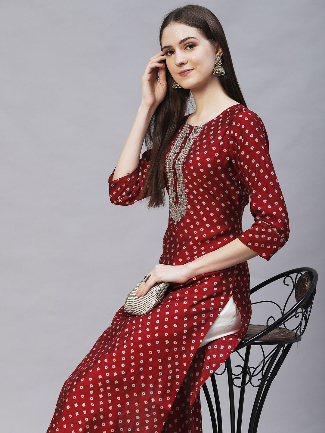 Bandhani Printed & Embroidered Straight Fit Kurta - Maroon