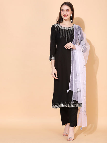 Ethnic Embroidered Straight Kurta with Pants & Dupatta - Black