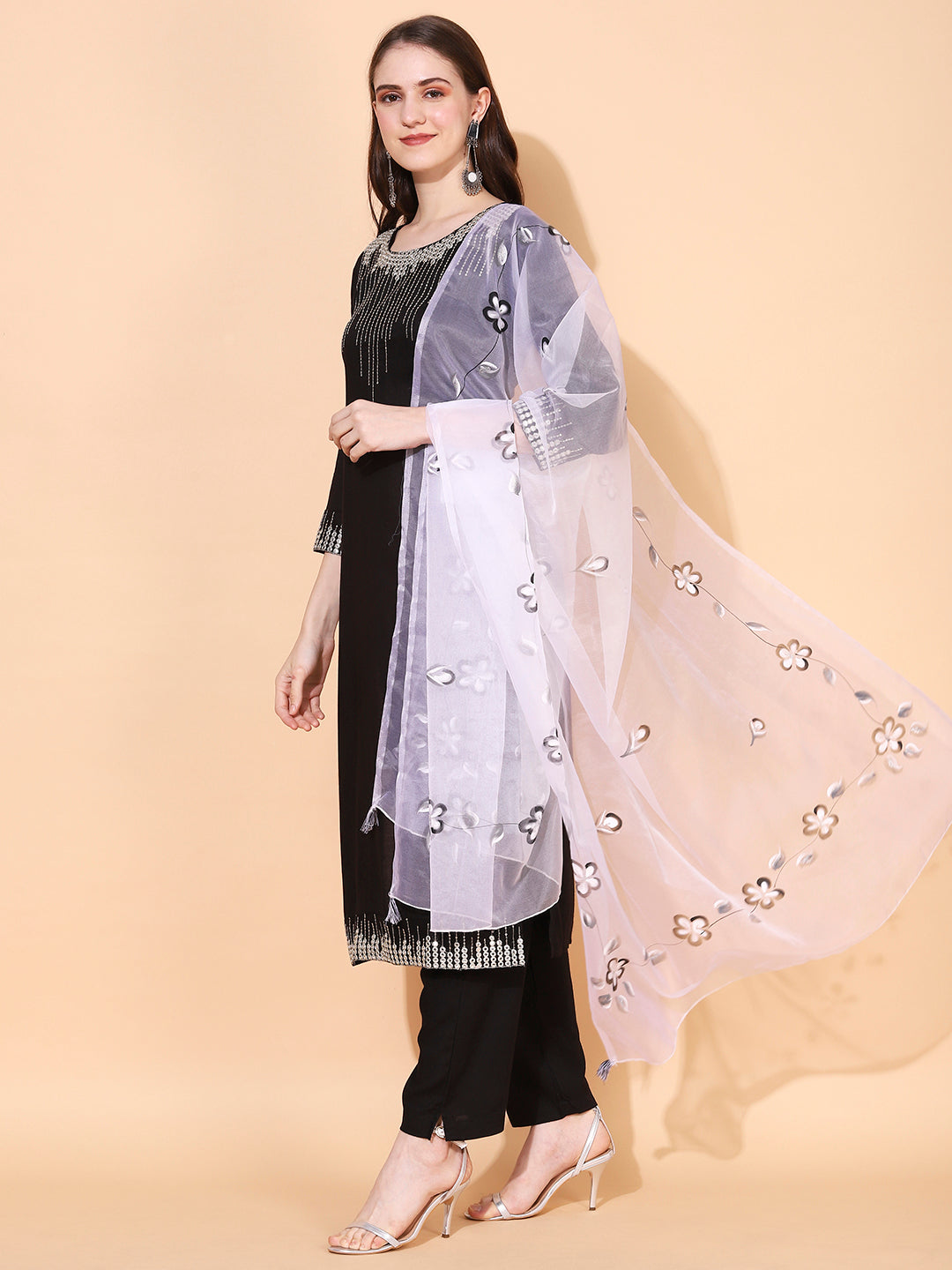 Ethnic Embroidered Straight Kurta with Pants & Dupatta - Black