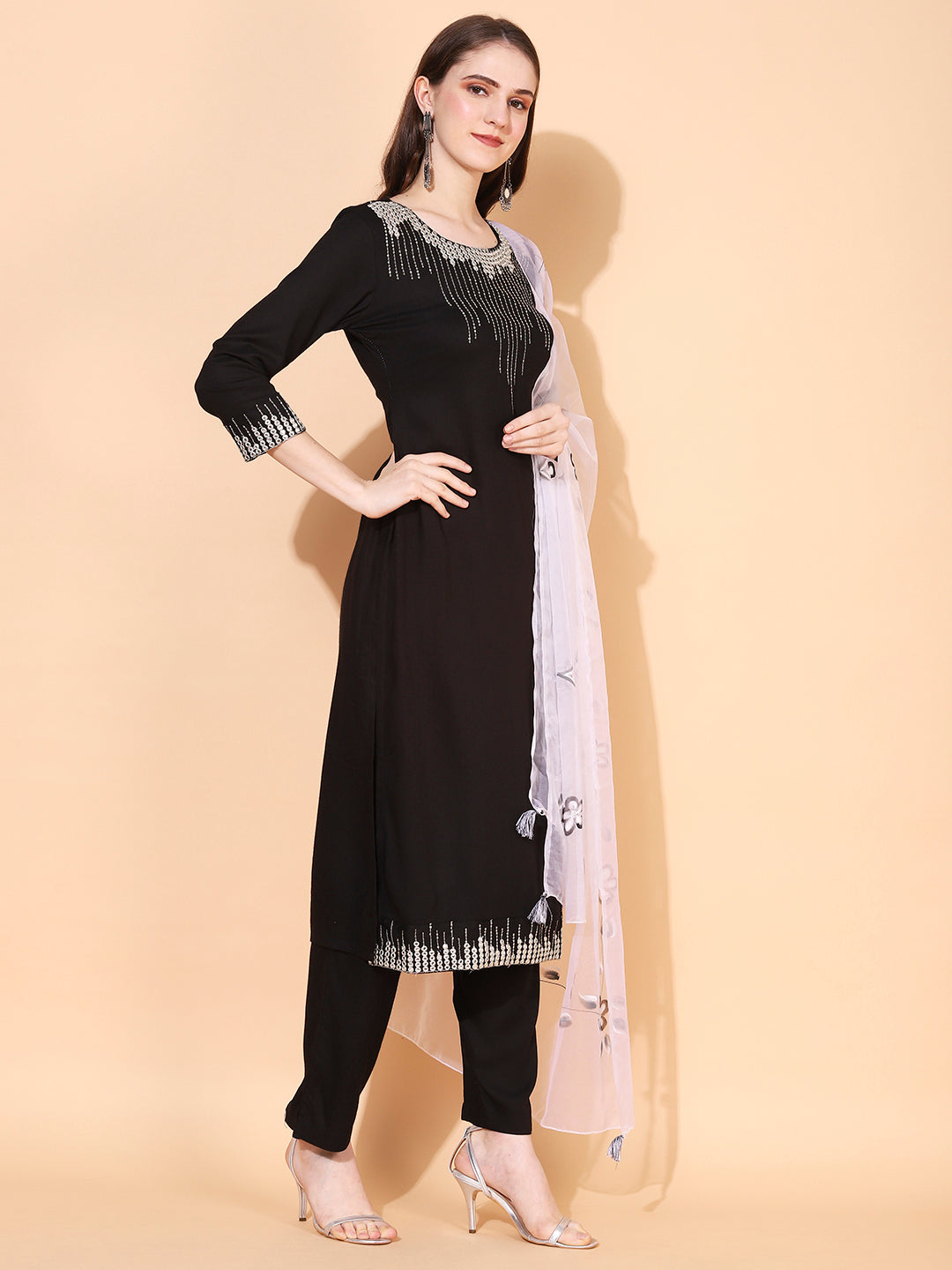 Ethnic Embroidered Straight Kurta with Pants & Dupatta - Black