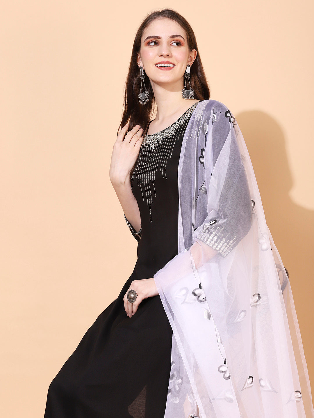 Ethnic Embroidered Straight Kurta with Pants & Dupatta - Black