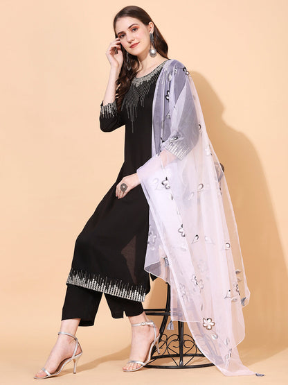 Ethnic Embroidered Straight Kurta with Pants & Dupatta - Black