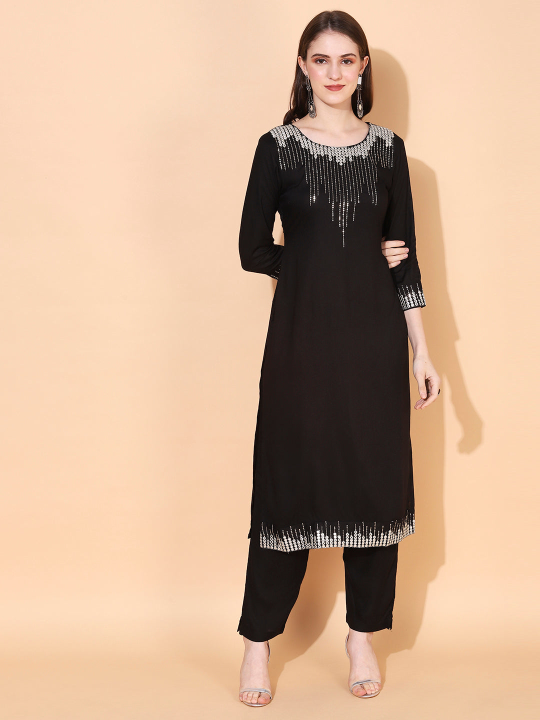 Ethnic Embroidered Straight Kurta with Pants & Dupatta - Black